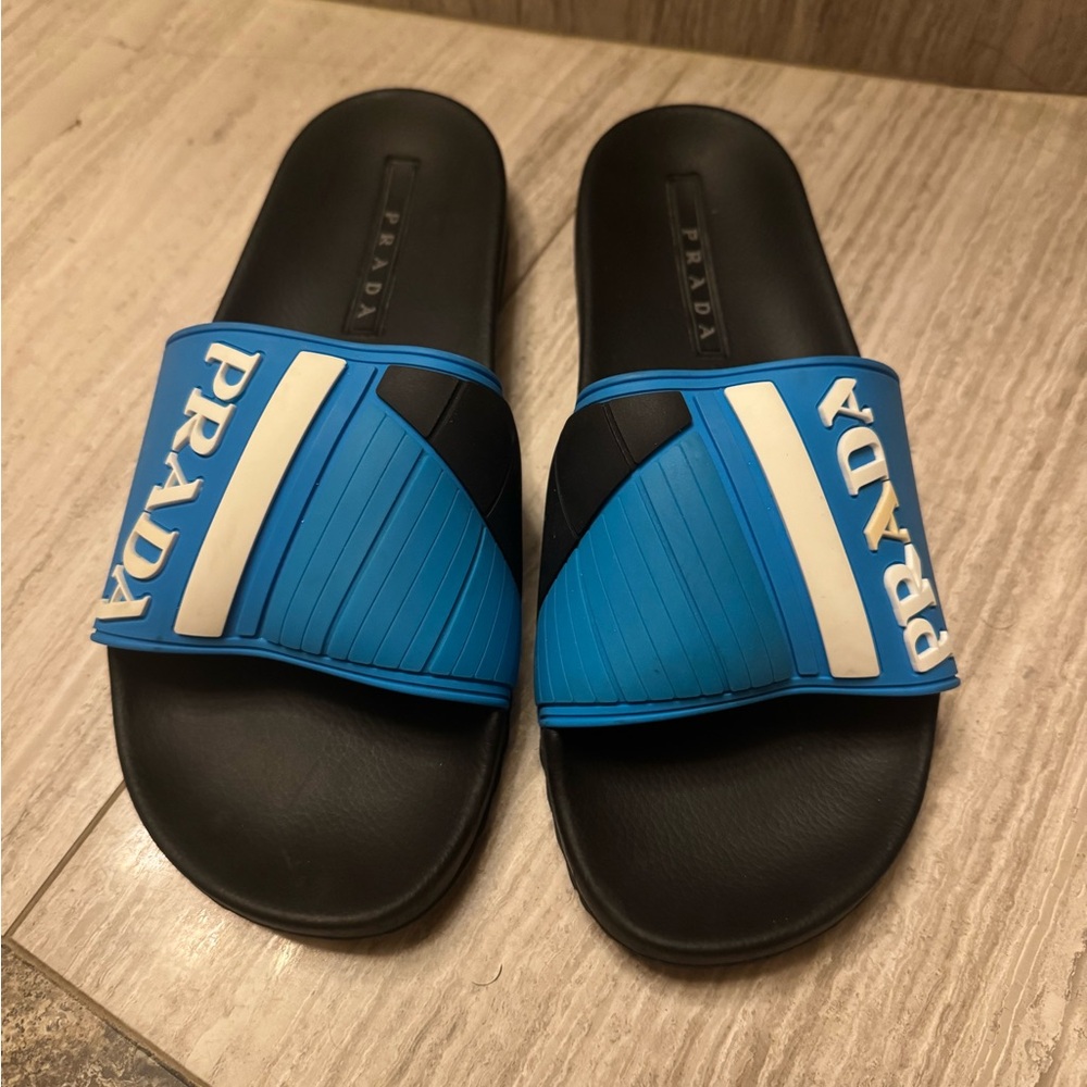 Prada Black and Blue Logo Slides